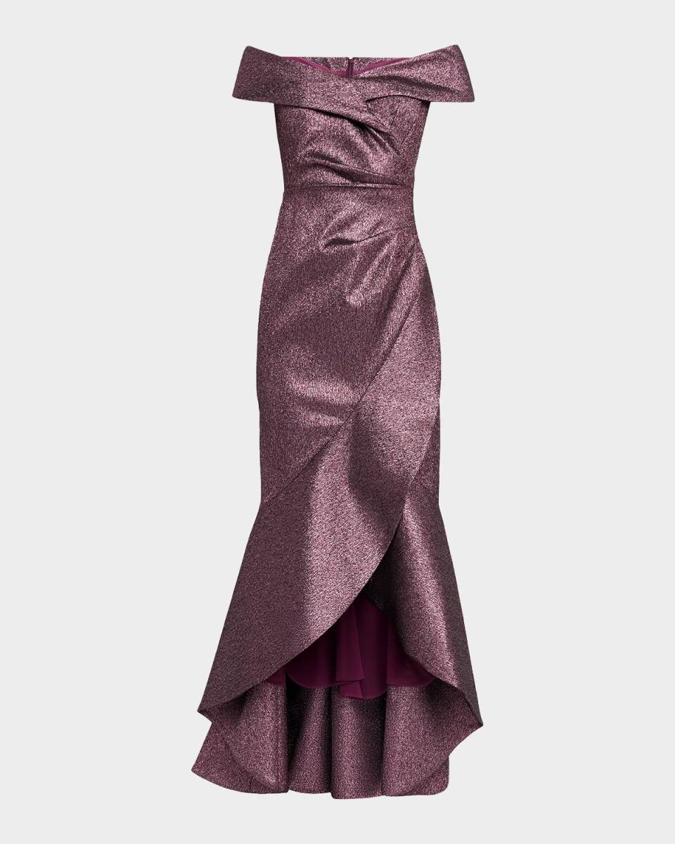 Metallic Jacquard Ruffle High-Low Off-Shoulder Gown